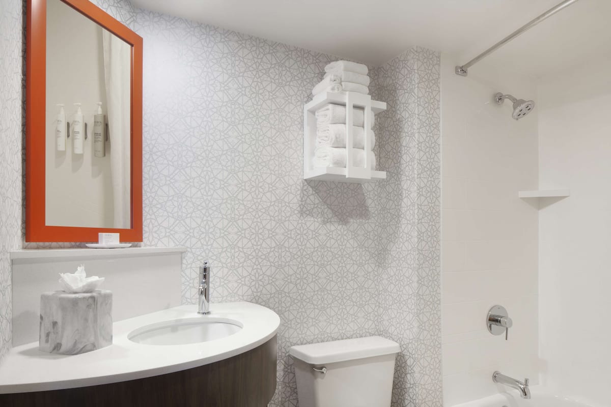 combined shower/bathtub, free toiletries, hair dryer, towels