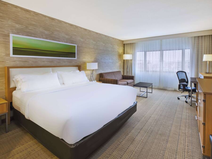 Habitació d'hotel amb un llit gran, un escriptori, una cadira, una televisió i un quadre a la paret.