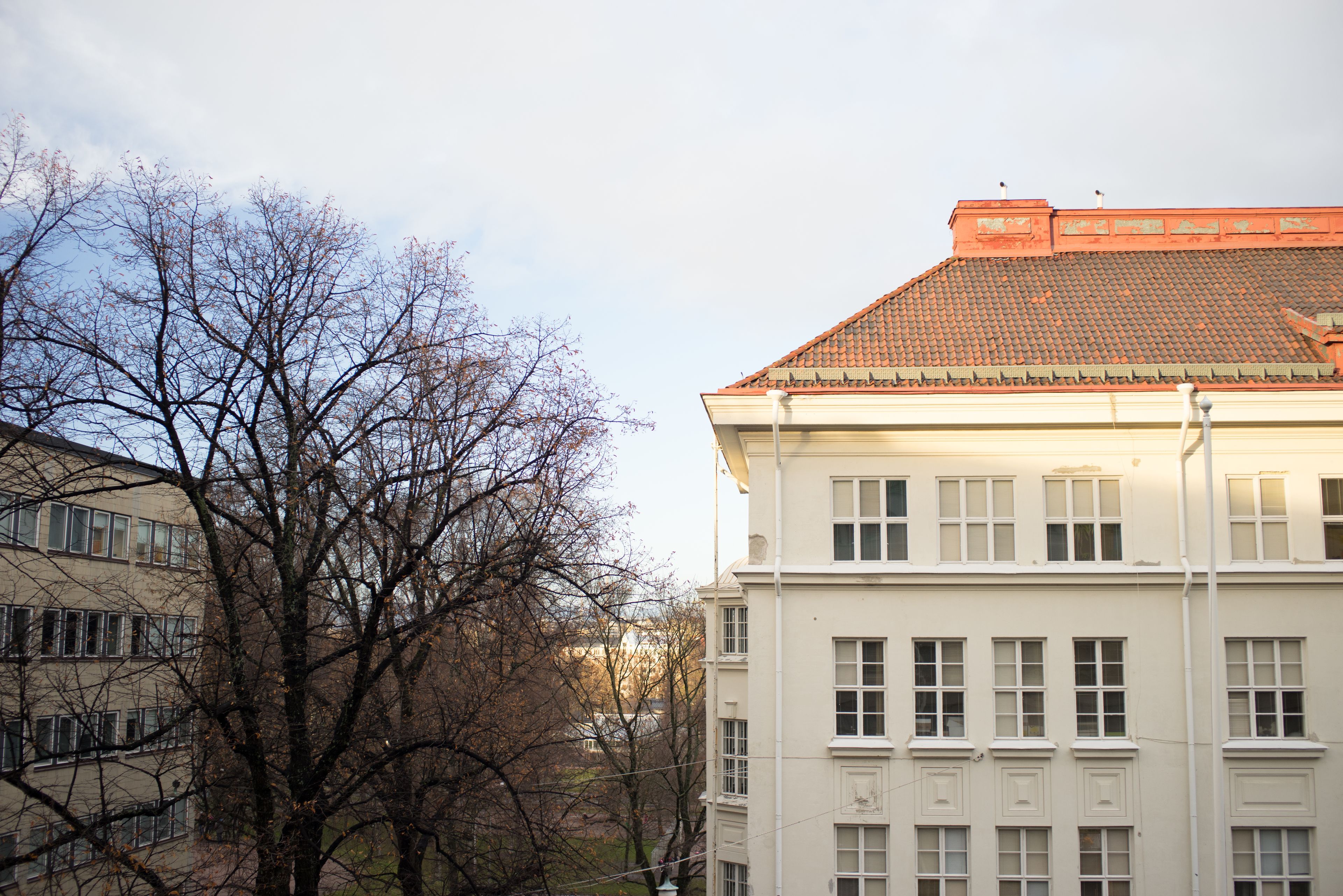 A building with a tiled roof and multiple windows.