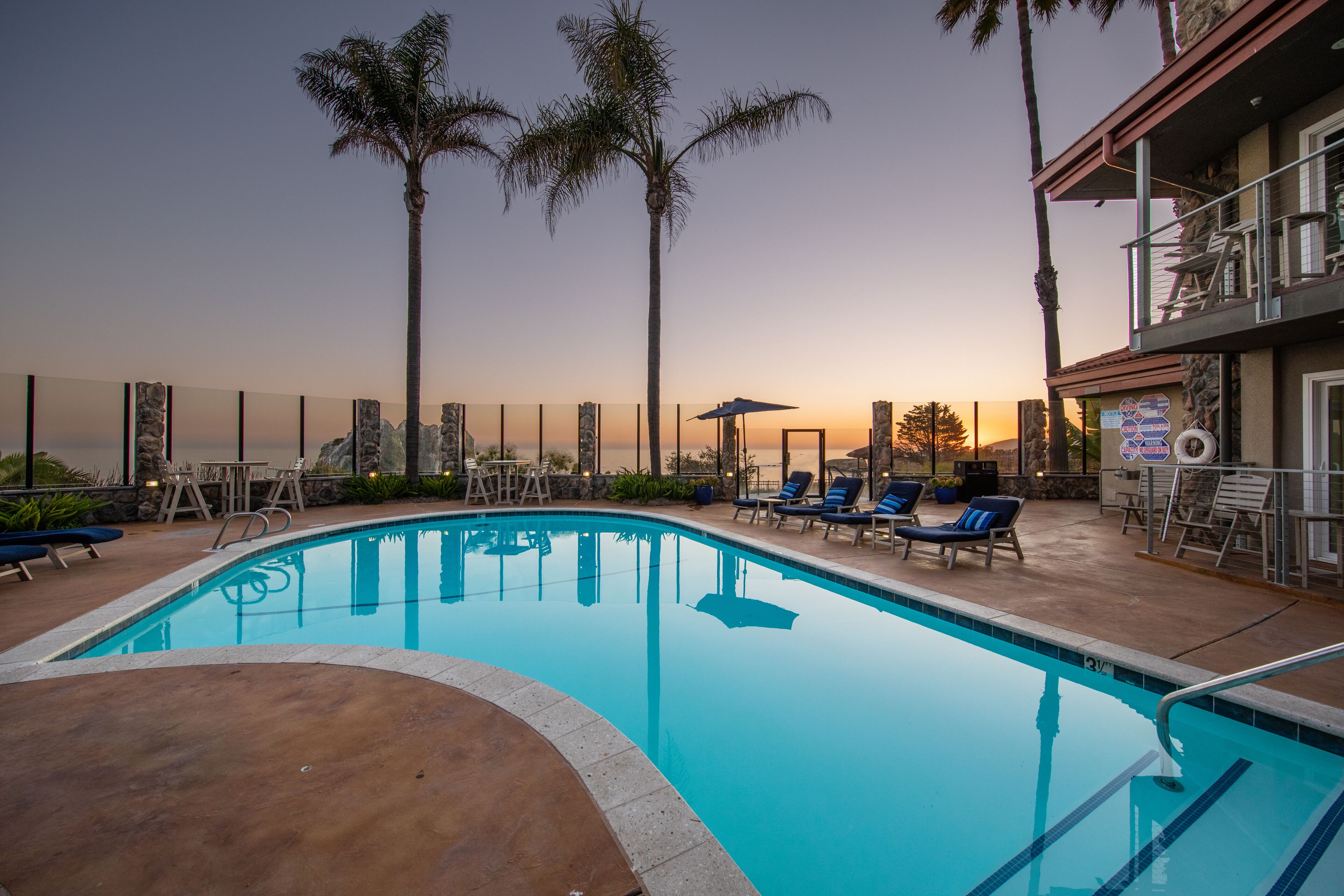 A swimming pool with lounge chairs and palm trees.