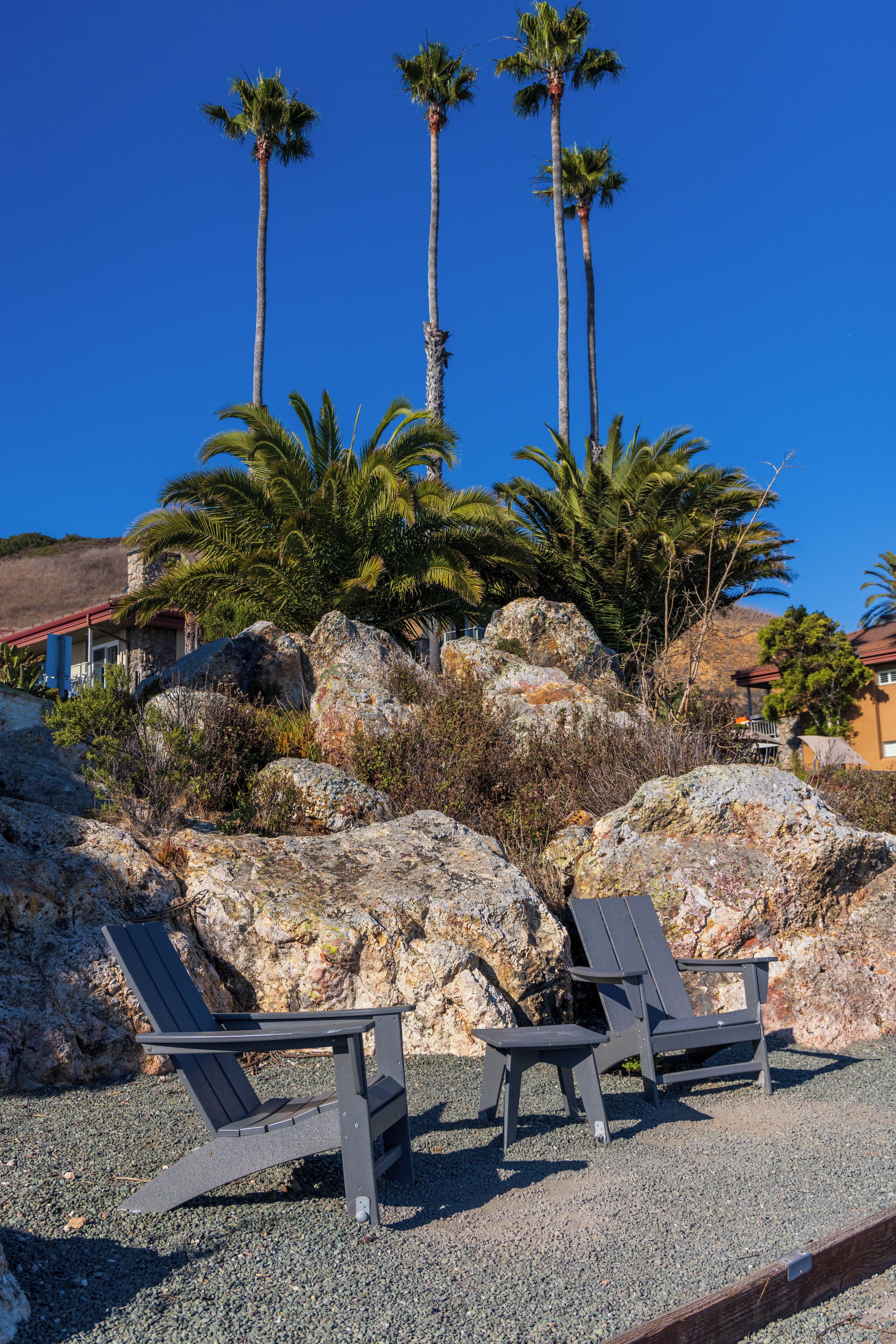 A beachside area with two Adirondack chairs, rocky terrain, palm trees, and a building with a red roof.
