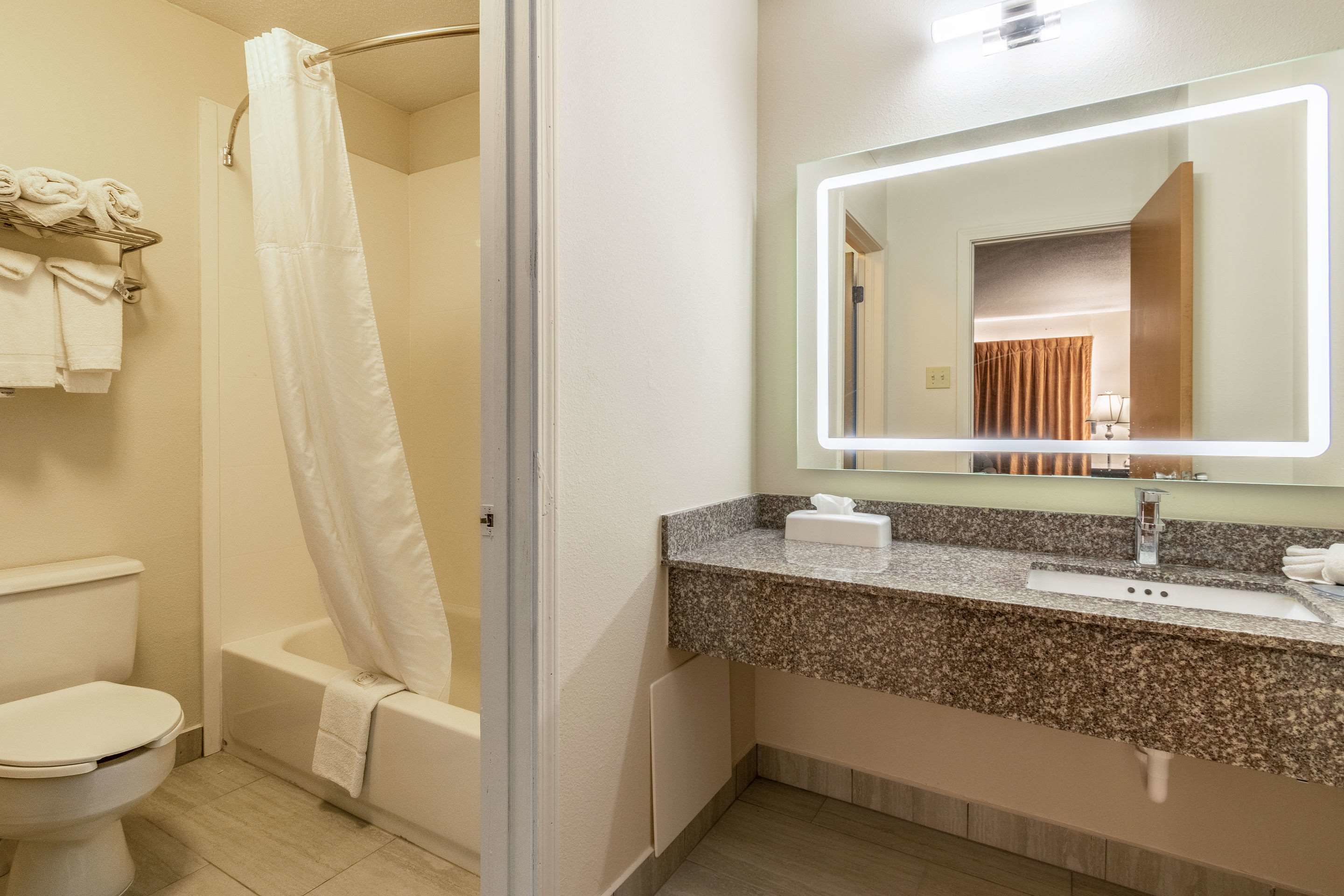 Ein Badezimmer mit Toilette, Dusche und Waschbecken mit Spiegel.