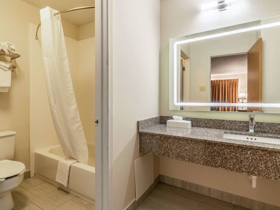 Ein Badezimmer mit Toilette, Dusche und Waschbecken mit Spiegel.