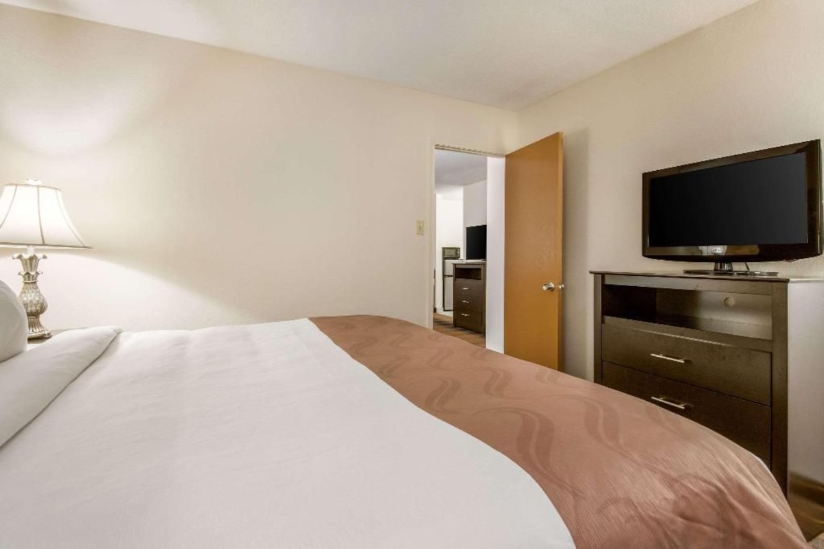 Una habitación de hotel con una cama, televisión, lámpara y armario.