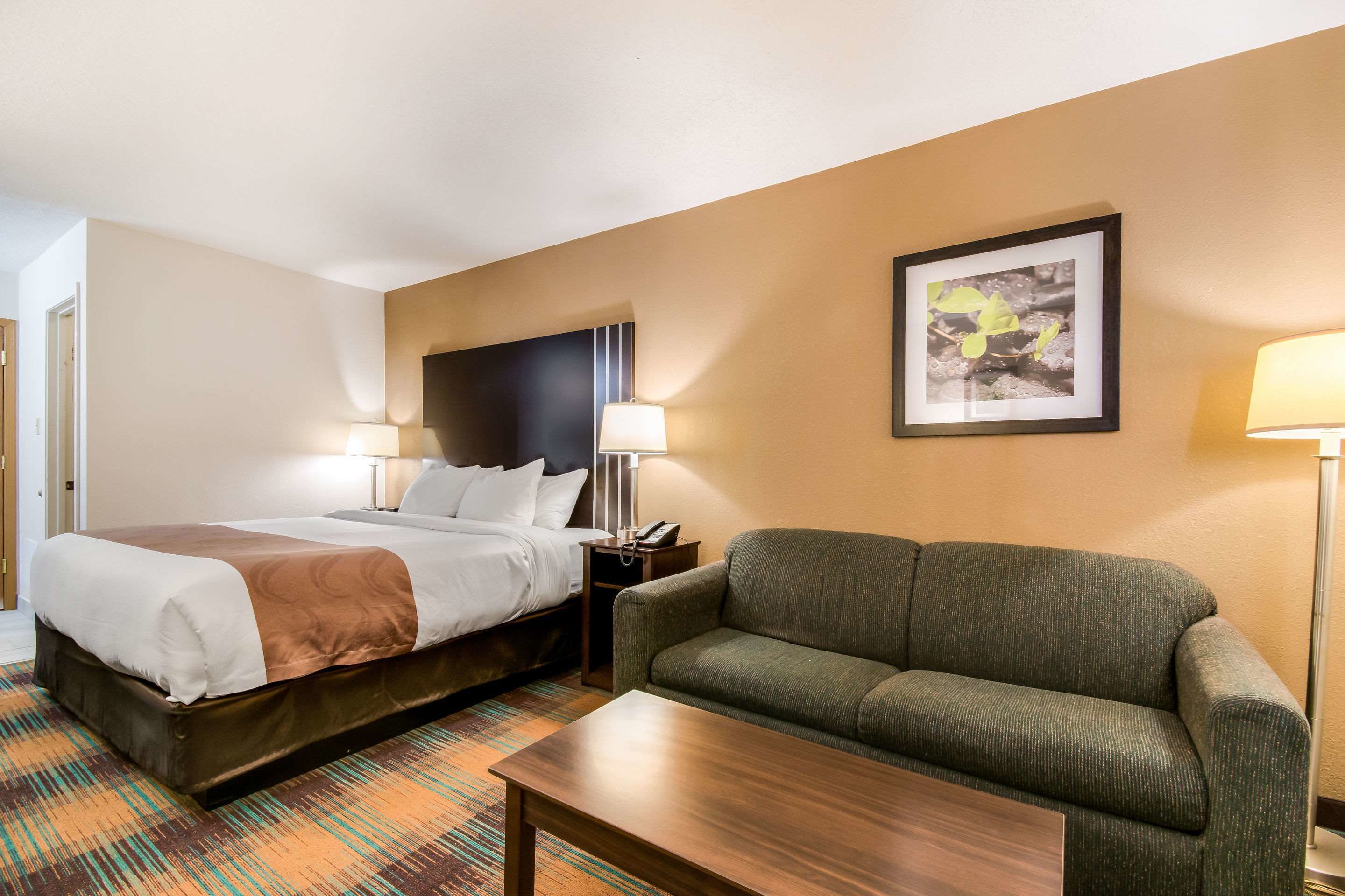Habitación de hotel con cama, sofá, mesa de centro, mesita de noche con lámpara y un cuadro en la pared.
