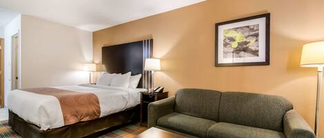 Habitación de hotel con cama, sofá, mesa de centro, mesita de noche con lámpara y un cuadro en la pared.