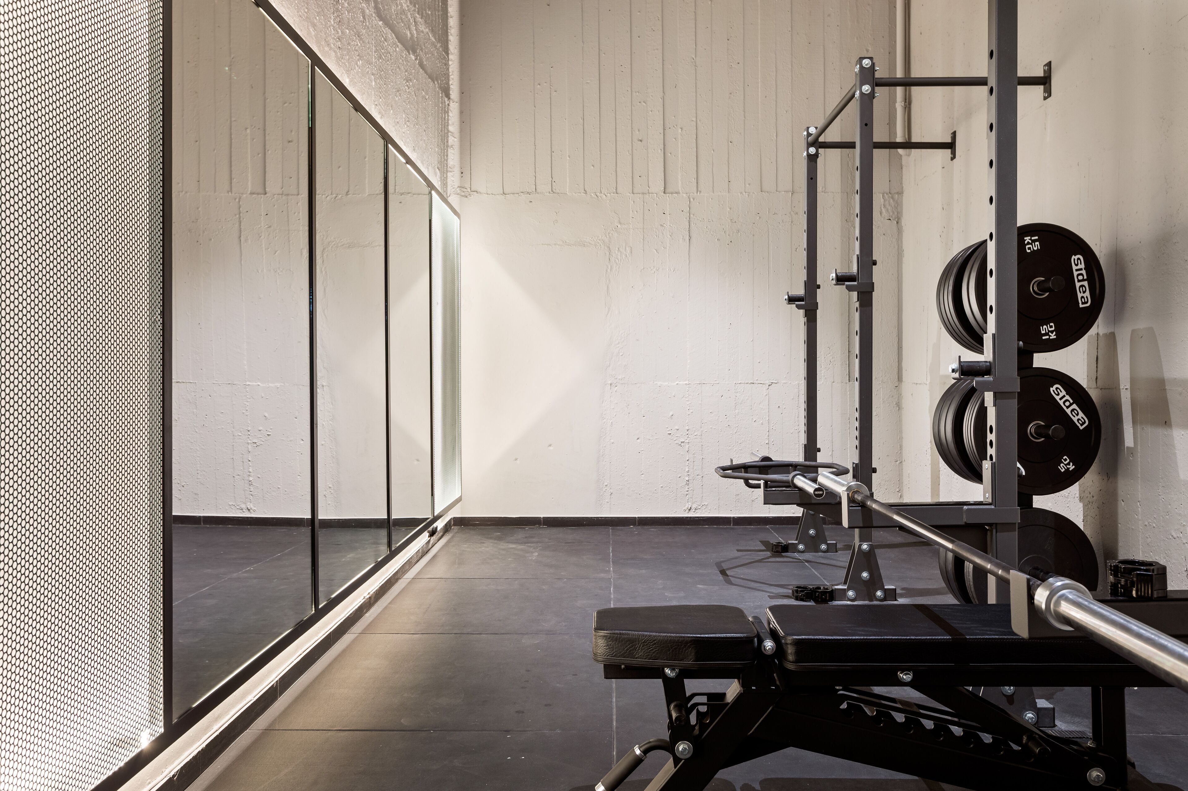 A gym with a squat rack, barbell, and weight plates.
