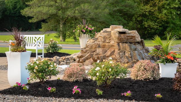 A landscaped garden with a white bench, a rock formation, and various potted plants.