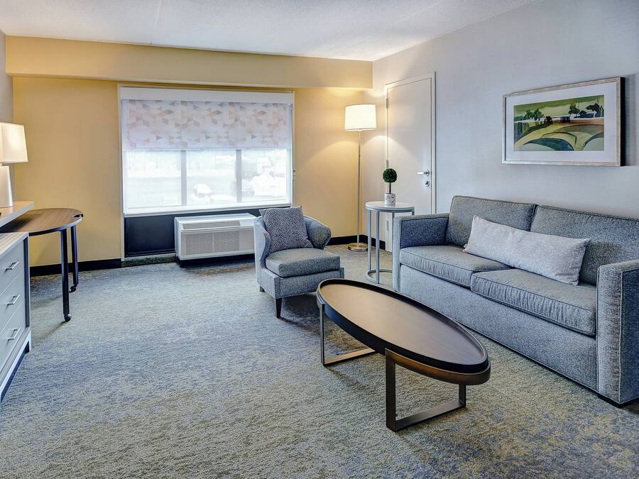 A furnished living room with a sofa, a coffee table, a TV, and a radiator.