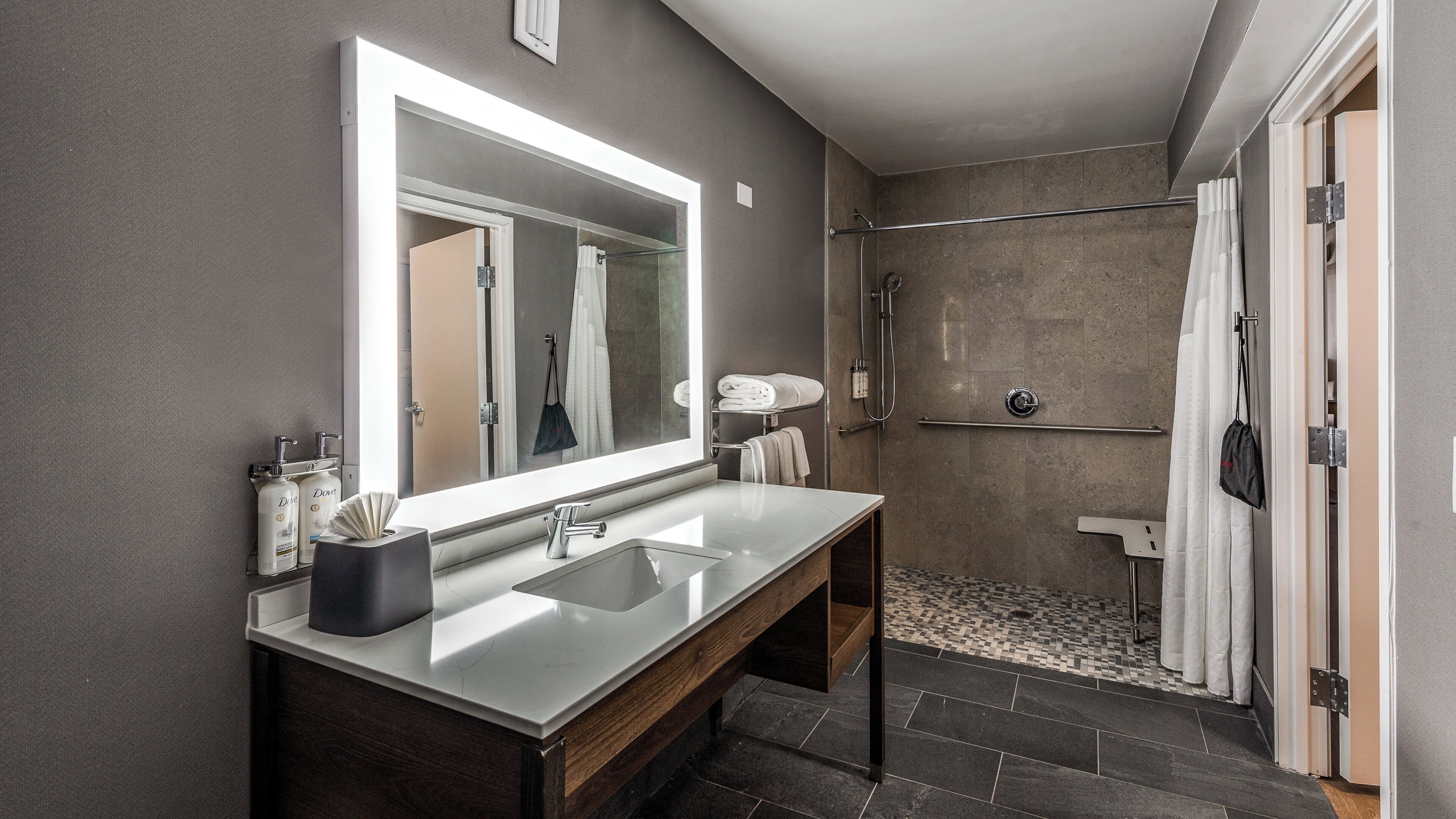 combined shower/bathtub, free toiletries, hair dryer, towels