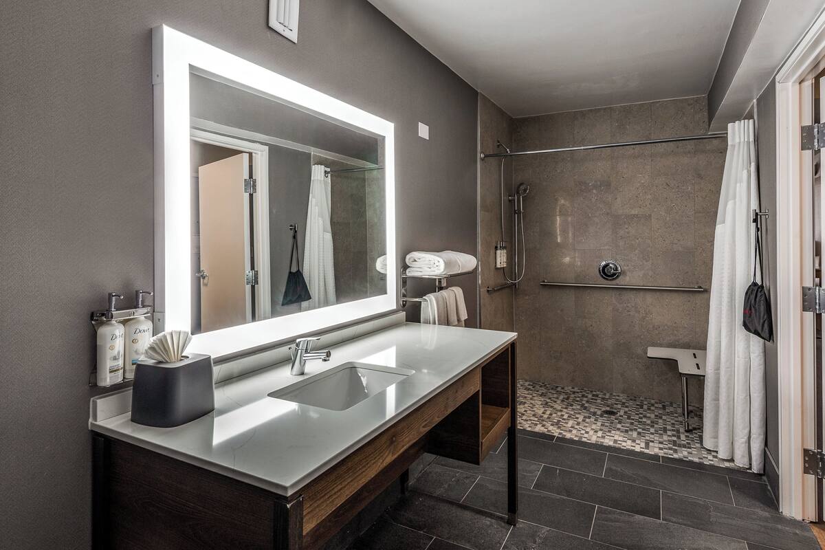 combined shower/bathtub, free toiletries, hair dryer, towels