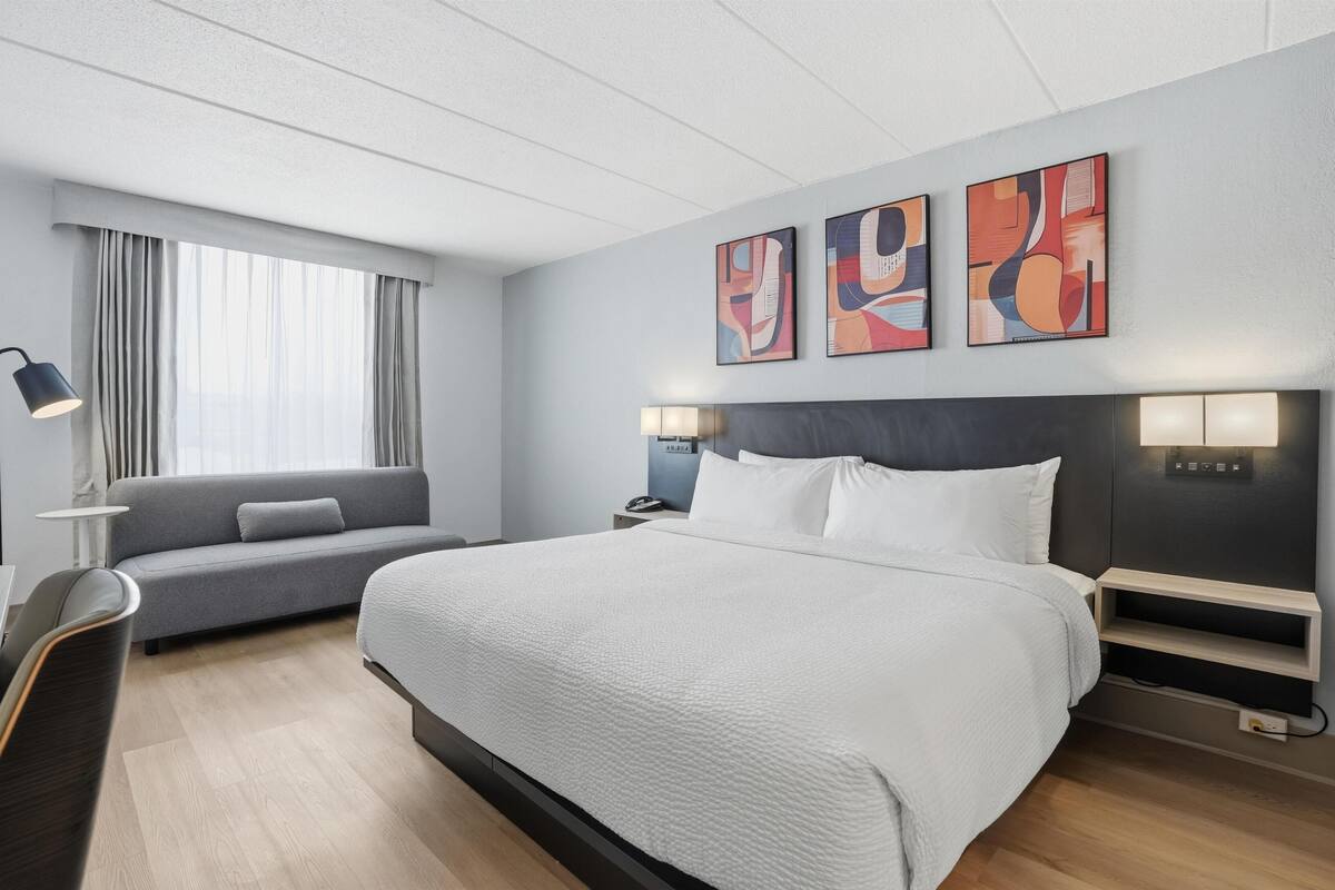 Quarto standard, 1 cama King, para não fumantes, geladeira e micro-ondas (Pet Friendly) | Roupas de cama premium, escrivaninha, espaço de trabalho para notebook