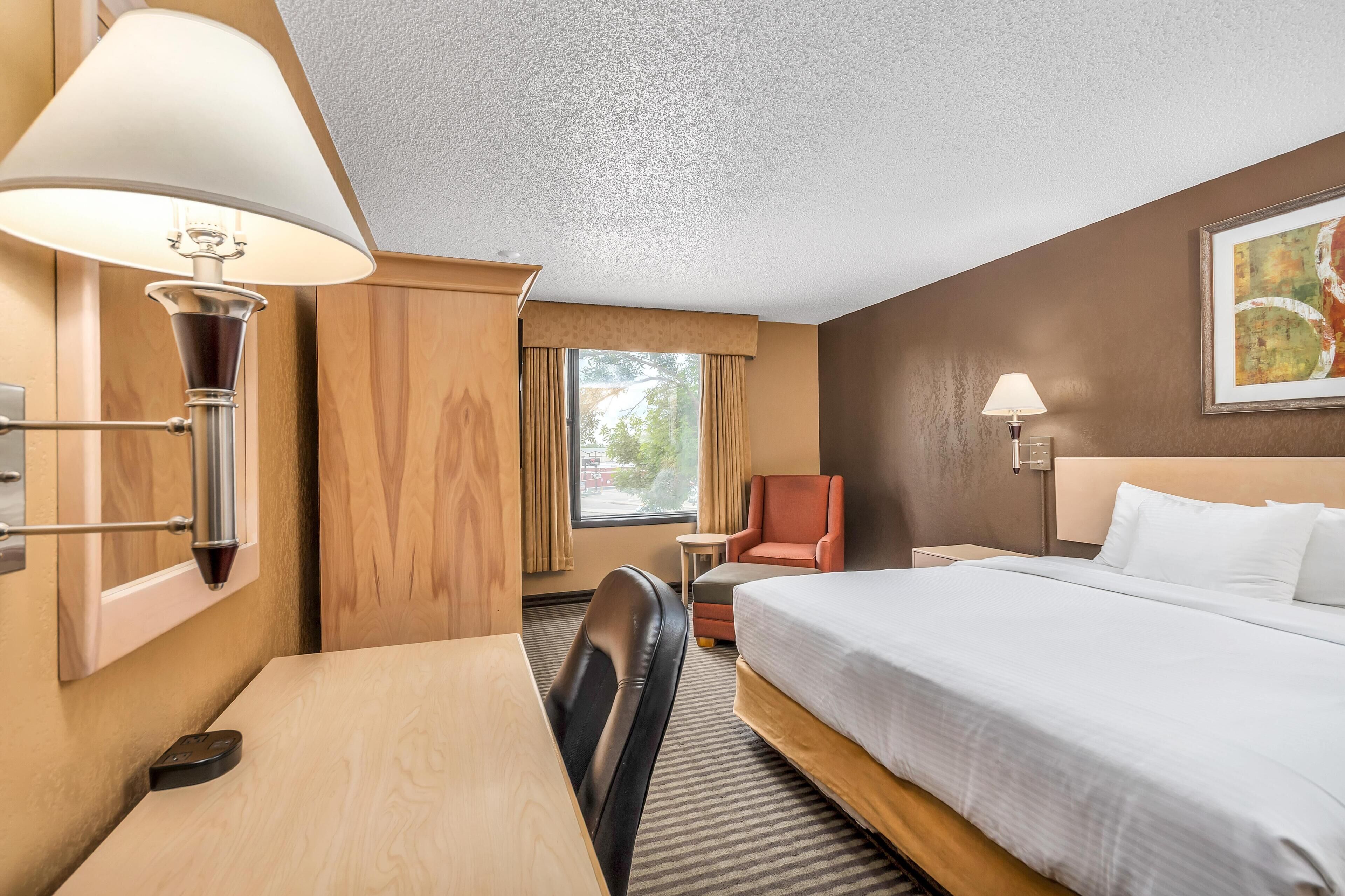 Premium bedding, desk, laptop workspace, blackout drapes