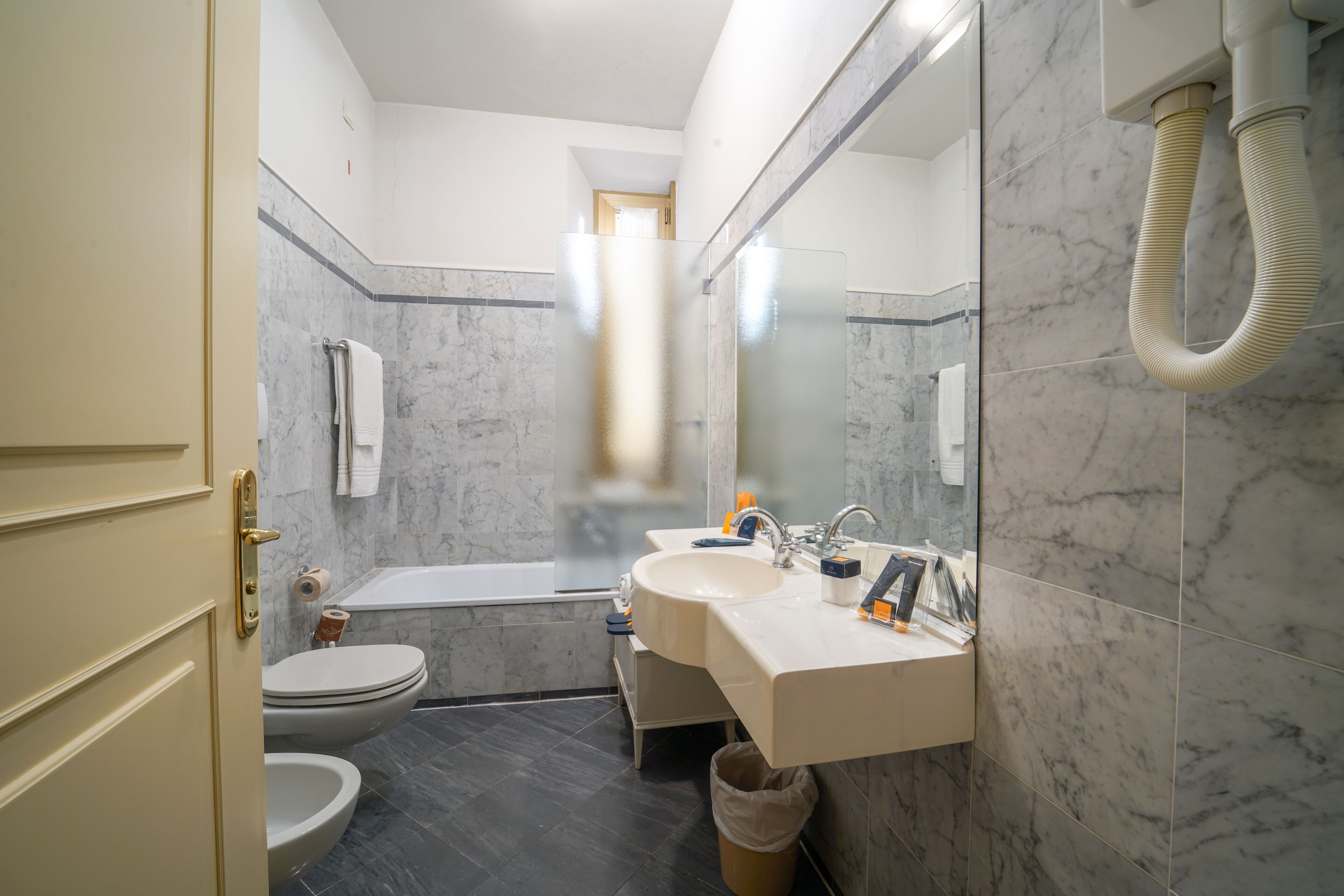 free toiletries, hair dryer, bidet, towels