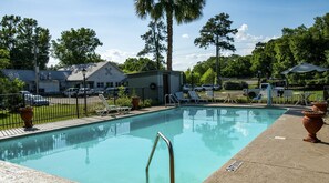 Outdoor pool, open 9:00 AM to 9:00 PM, pool umbrellas, sun loungers