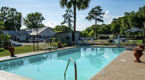 Outdoor pool, open 9:00 AM to 9:00 PM, pool umbrellas, pool loungers