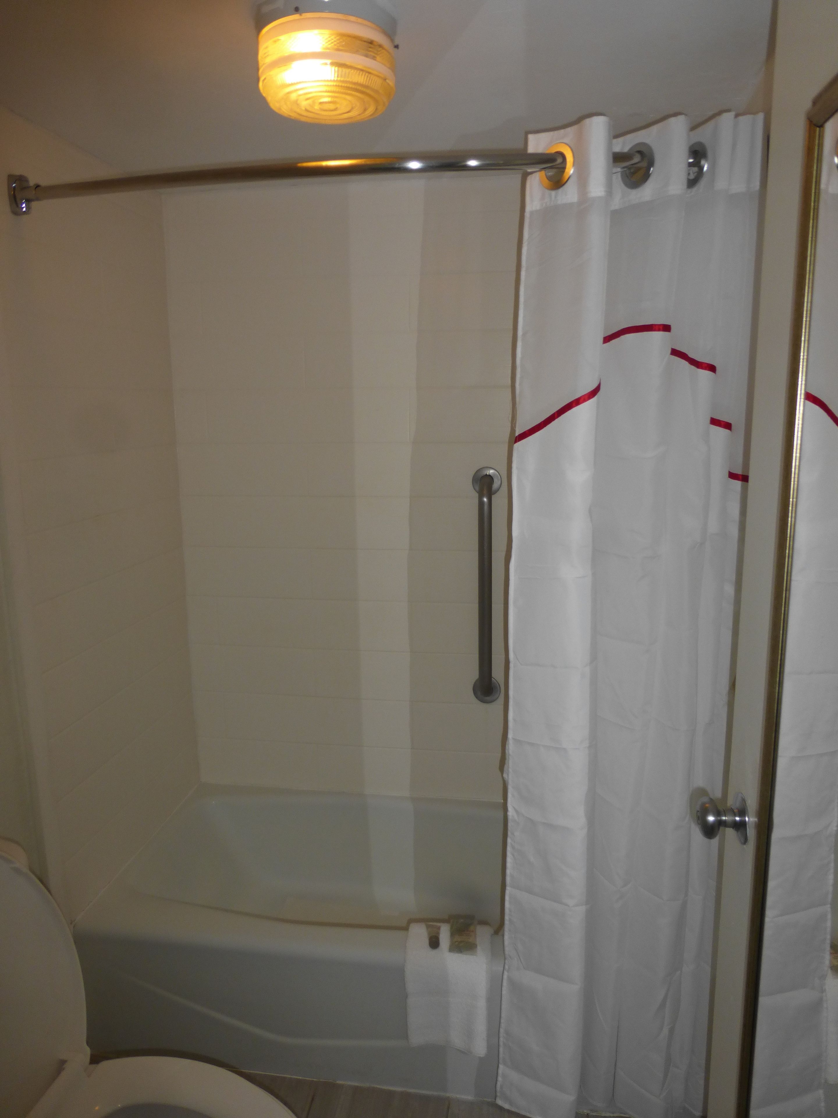 A bathroom with a glass shower enclosure, a white toilet, and a towel rack.