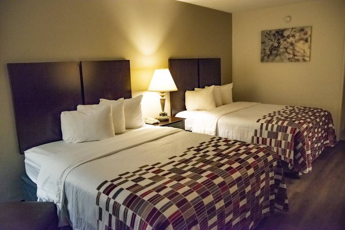 A hotel room with two beds, a nightstand with a lamp, and a wall-mounted artwork.