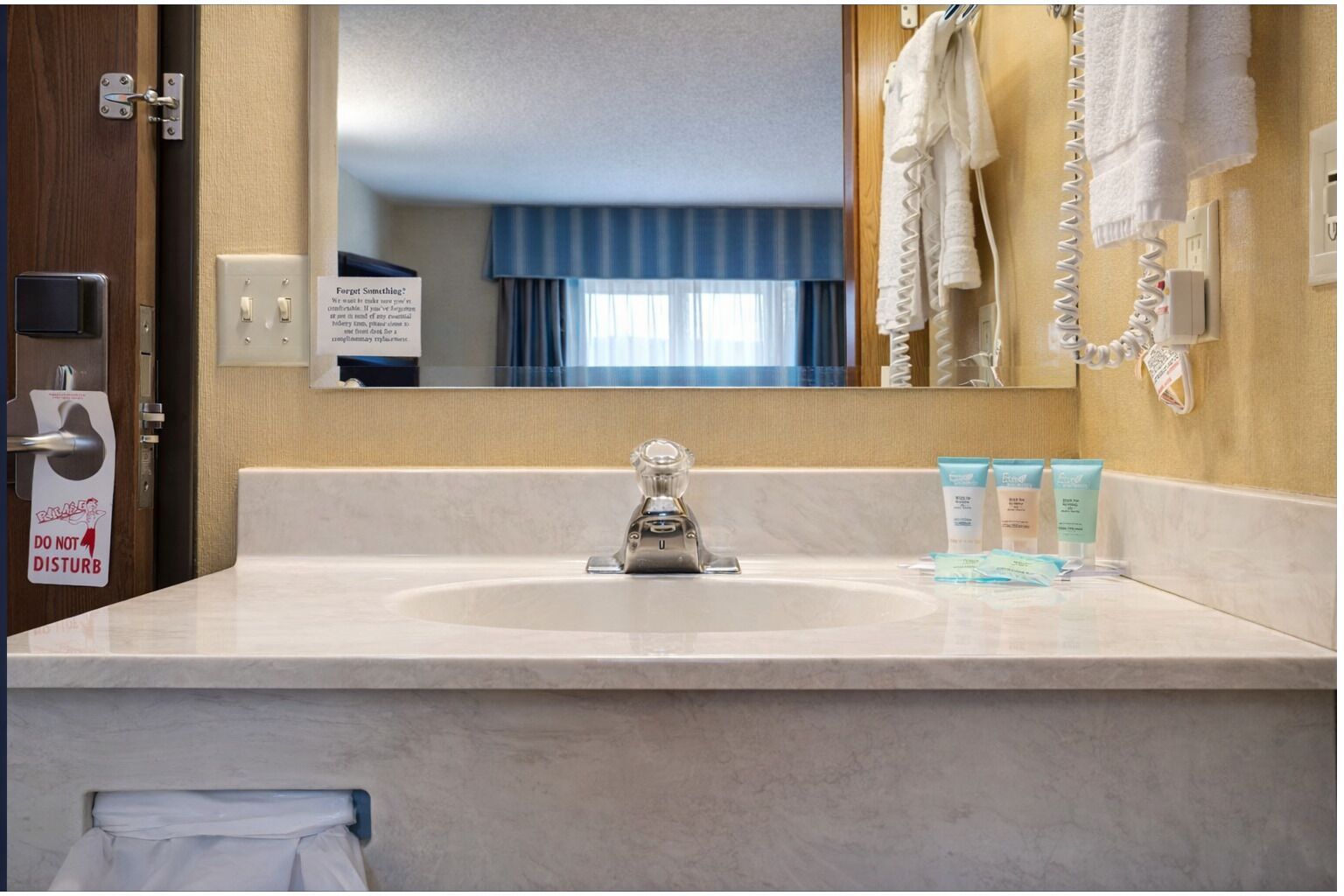 A hotel bathroom with a sink, mirror, towel rack, and toiletries.