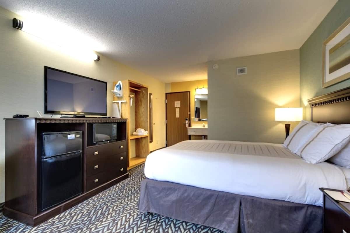 A hotel room with a bed, a TV, a dresser, and a mirror.