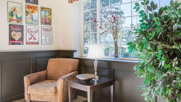 A cozy room with a brown leather armchair, a small wooden table with a bowl, a window with a view of greenery, and vintage posters on the wall. - Econo Lodge Inn & Suites Lodi - Wine Country Area (Lodi)