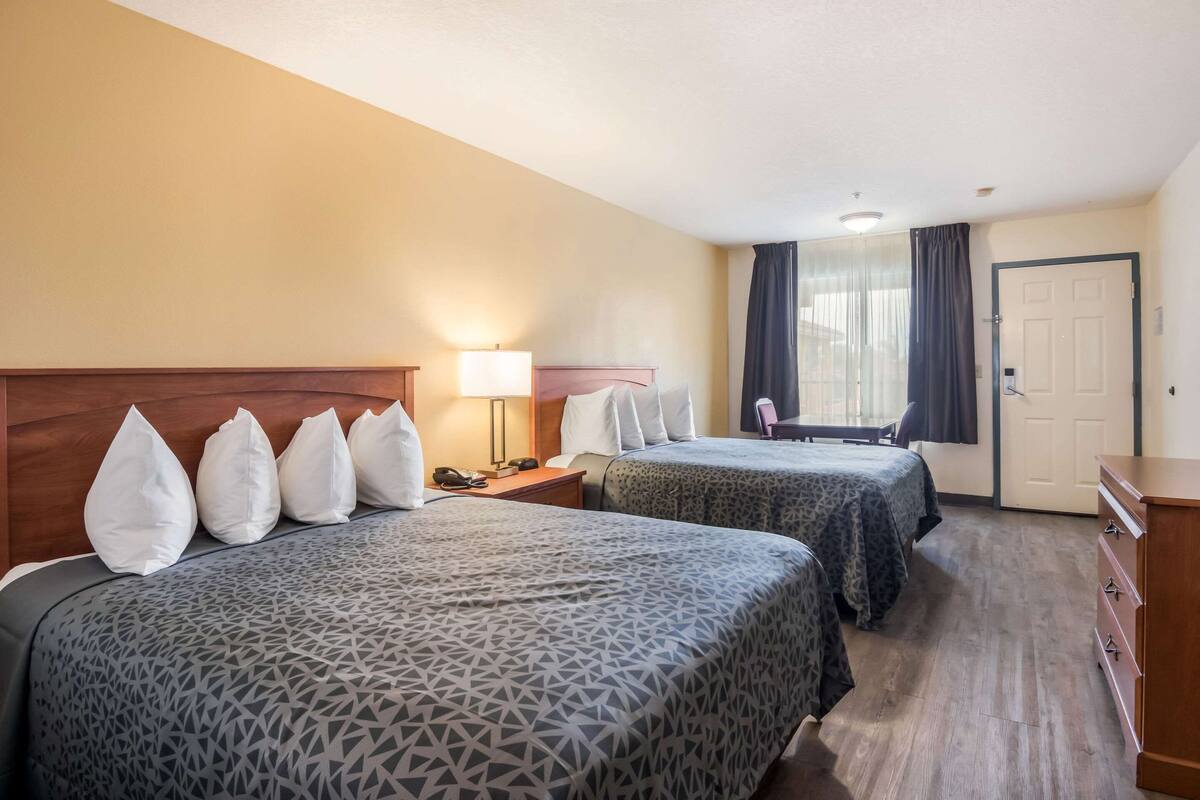 Une chambre d’hôtel avec deux lits, une table de chevet, une lampe, une fenêtre avec des rideaux et une porte.