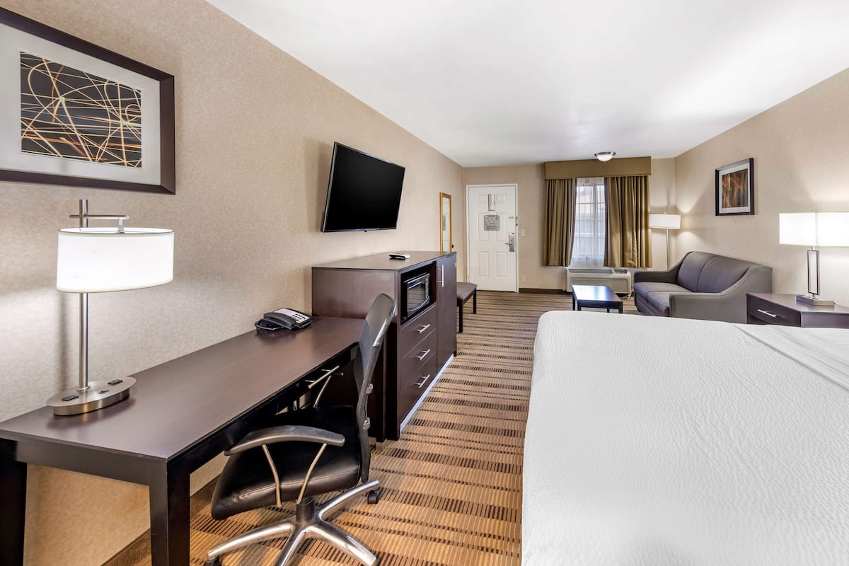 A hotel room with a bed, desk, chair, television, and a door.