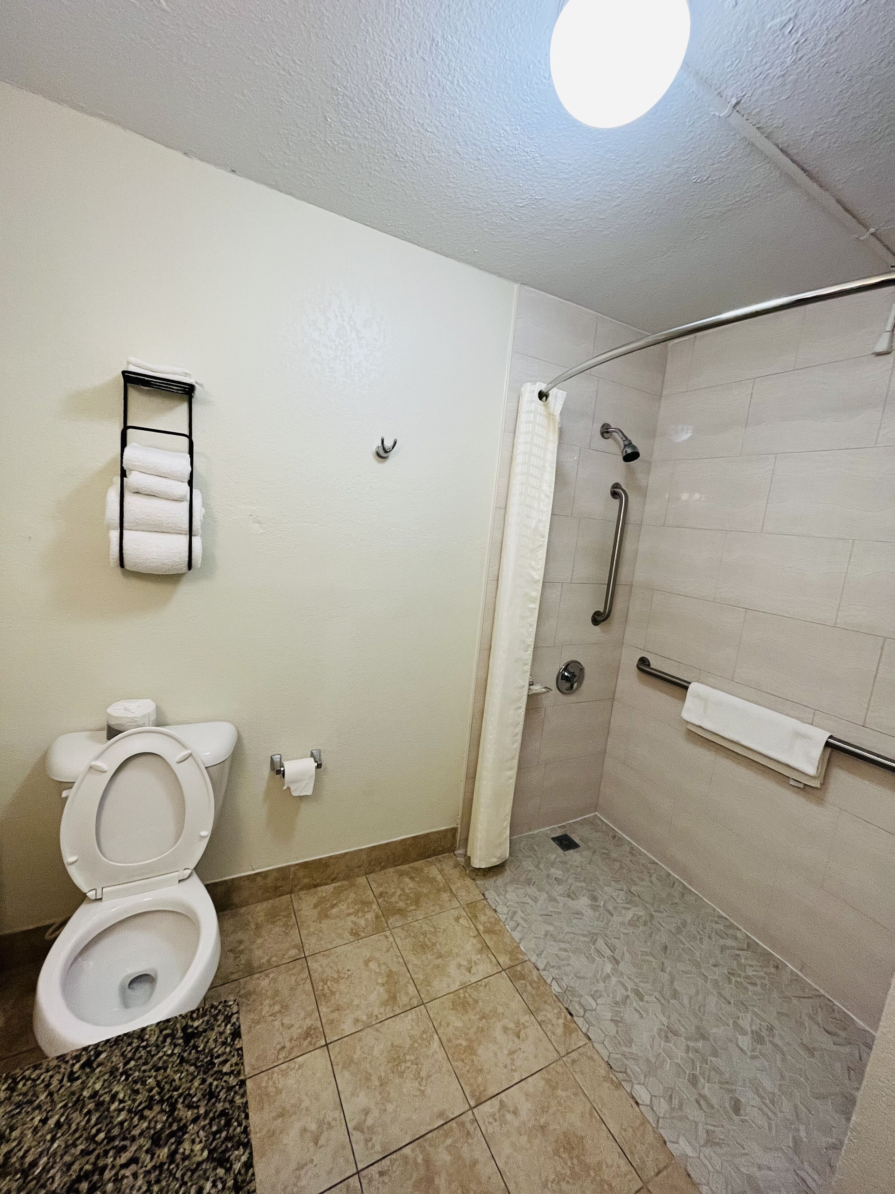 Un baño con inodoro, toallero con toallas, ducha con barra de apoyo y dispensador de papel higiénico.