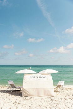 On the beach, white sand at Eden Roc Miami Beach