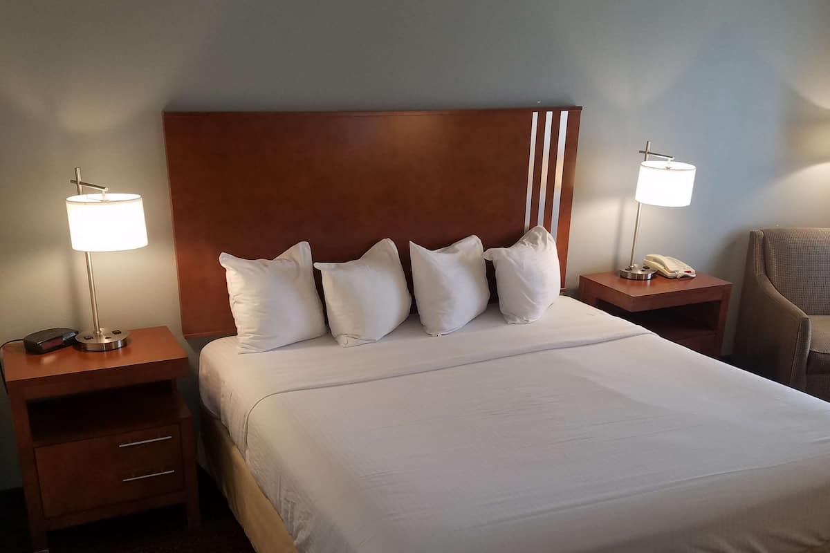 A hotel room with a large bed, two bedside tables, a chair, and a lamp on each table.