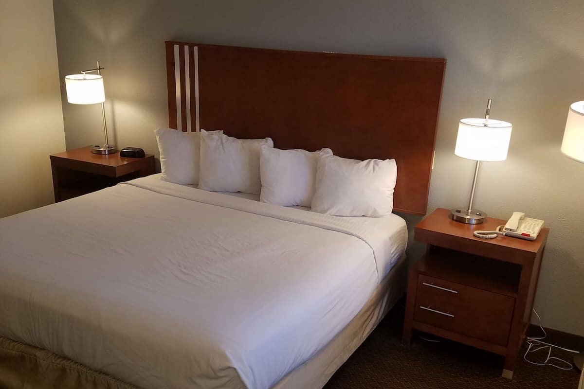 A hotel room with a large bed, two bedside tables, and two lamps.