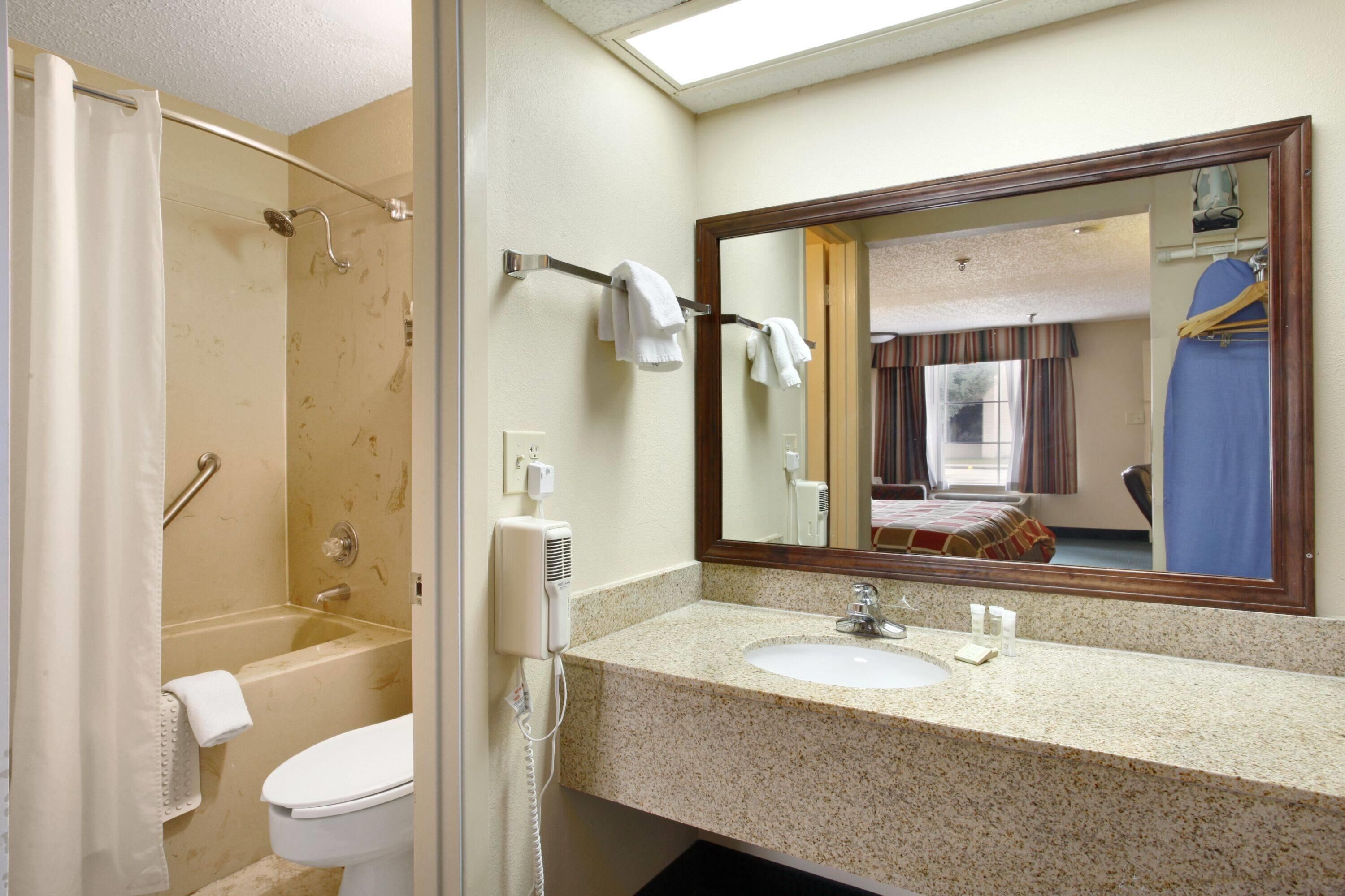 A bathroom with a shower, toilet, sink, and a large mirror.
