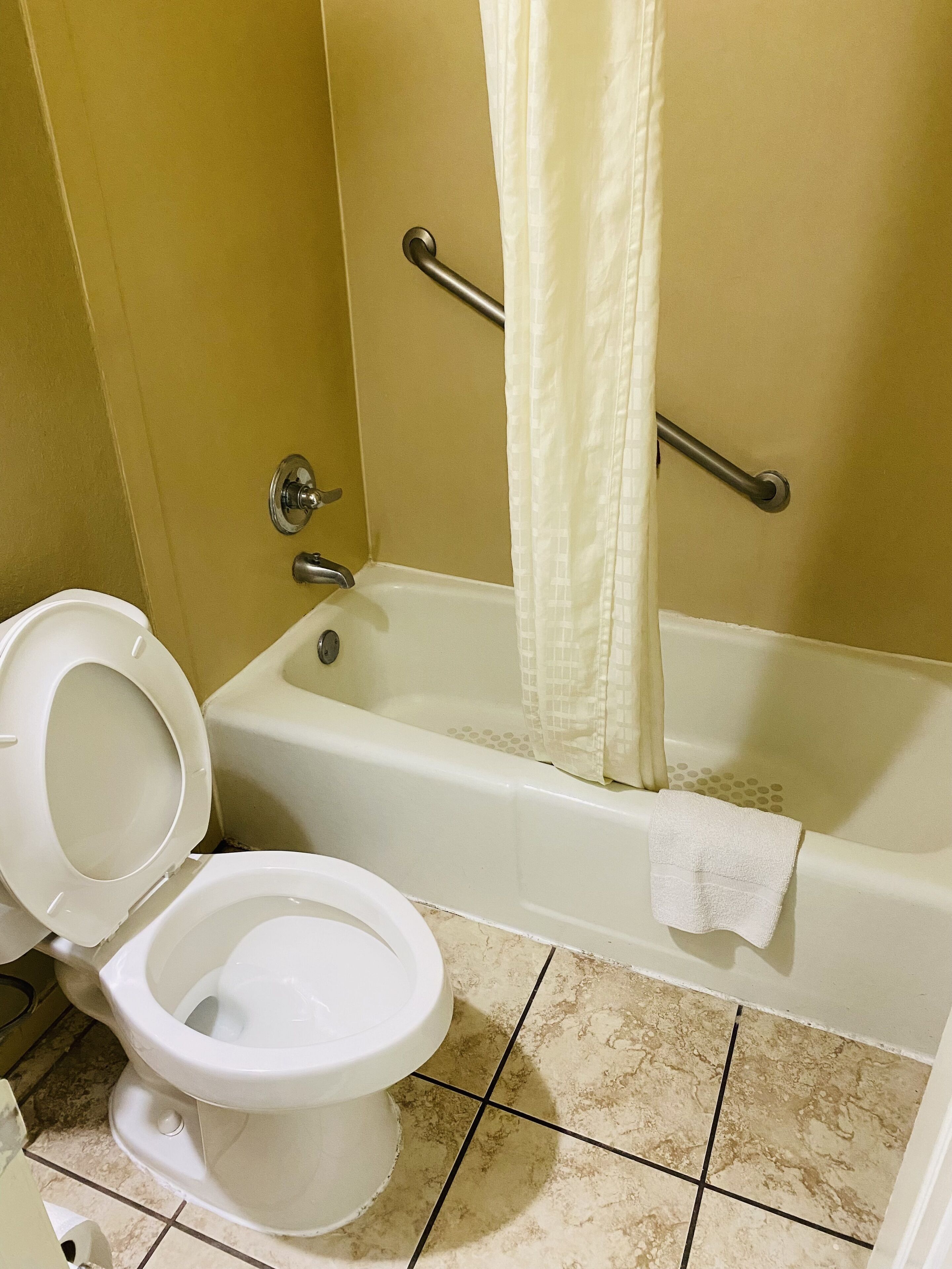 A bathroom with a toilet, a bathtub with a shower curtain, and a grab bar.