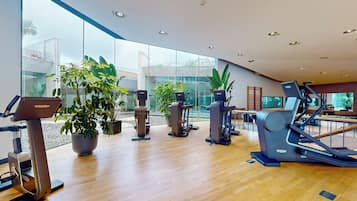 Un gimnasio moderno con diversos equipos de ejercicio, ventanas amplias y plantas de interior.