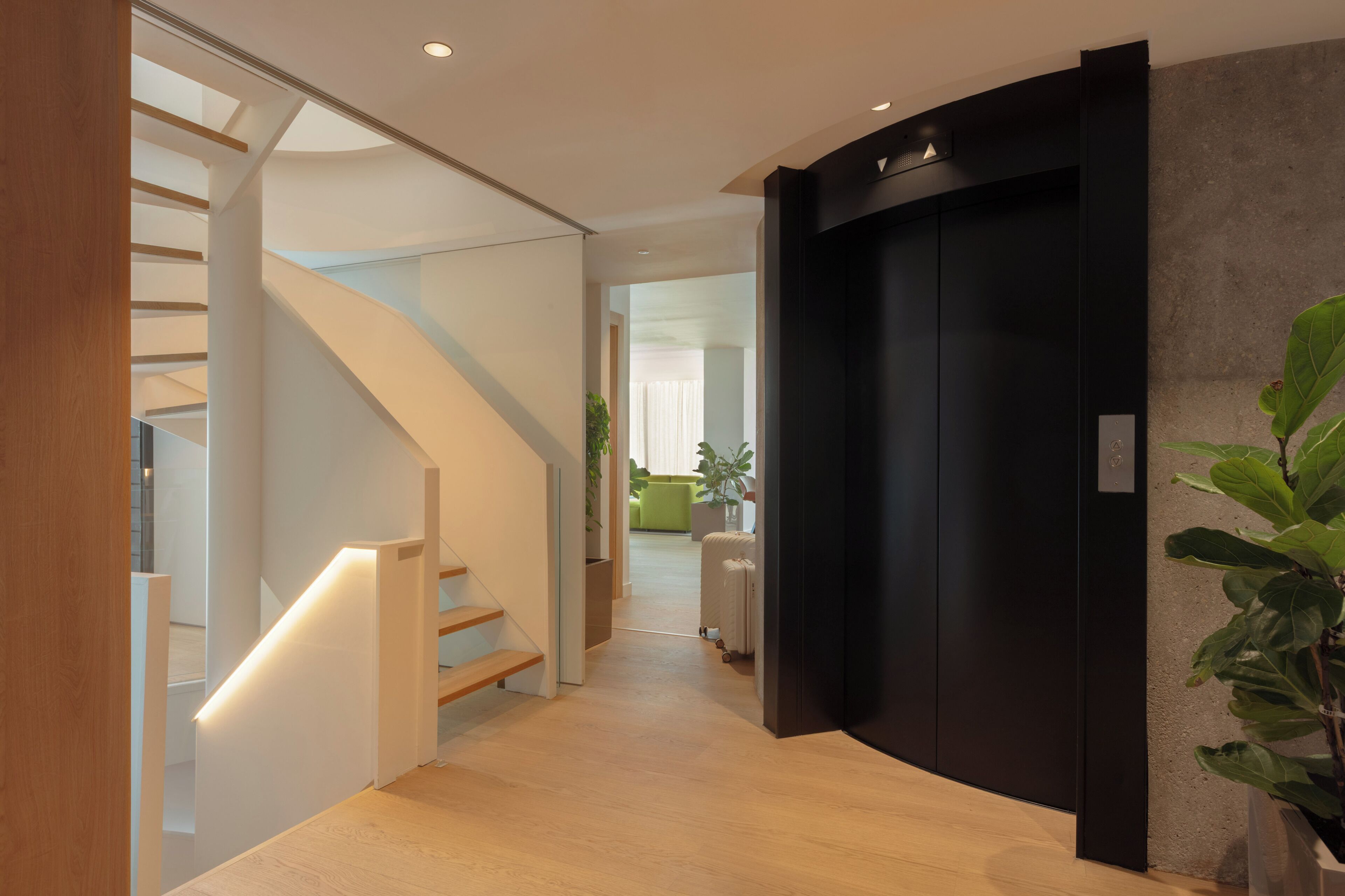 Un interior moderno con una escalera, un ascensor negro y una planta.