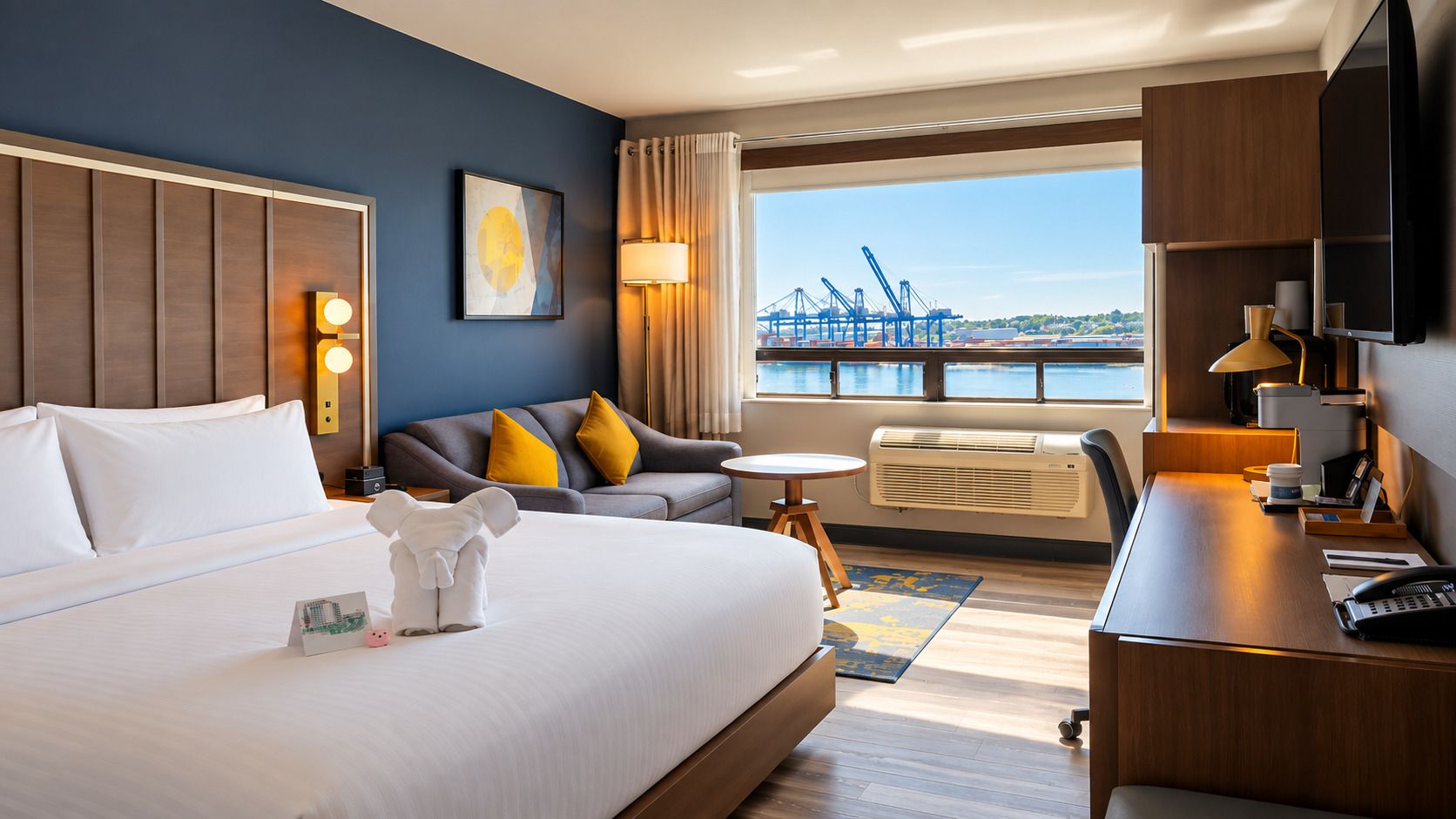 Quarto de hotel com uma cama grande, um sofá, uma escrivaninha e vista para um porto com guindastes.