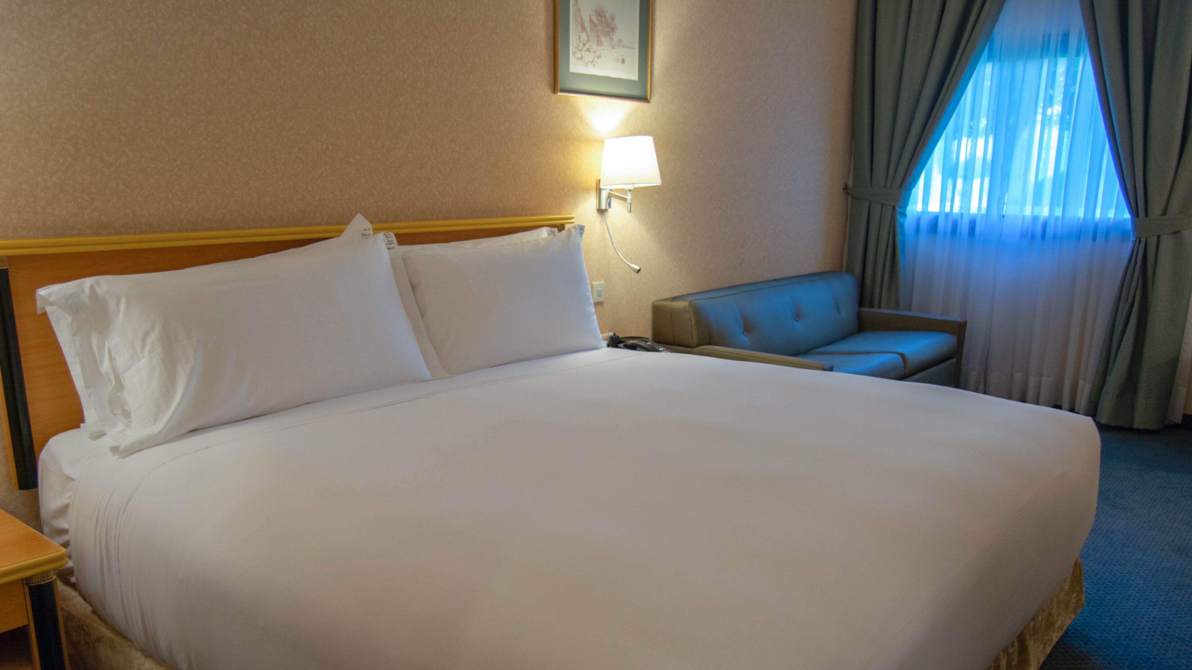 A hotel room with a large bed, a bedside table, a lamp, a chair, and a window with curtains.