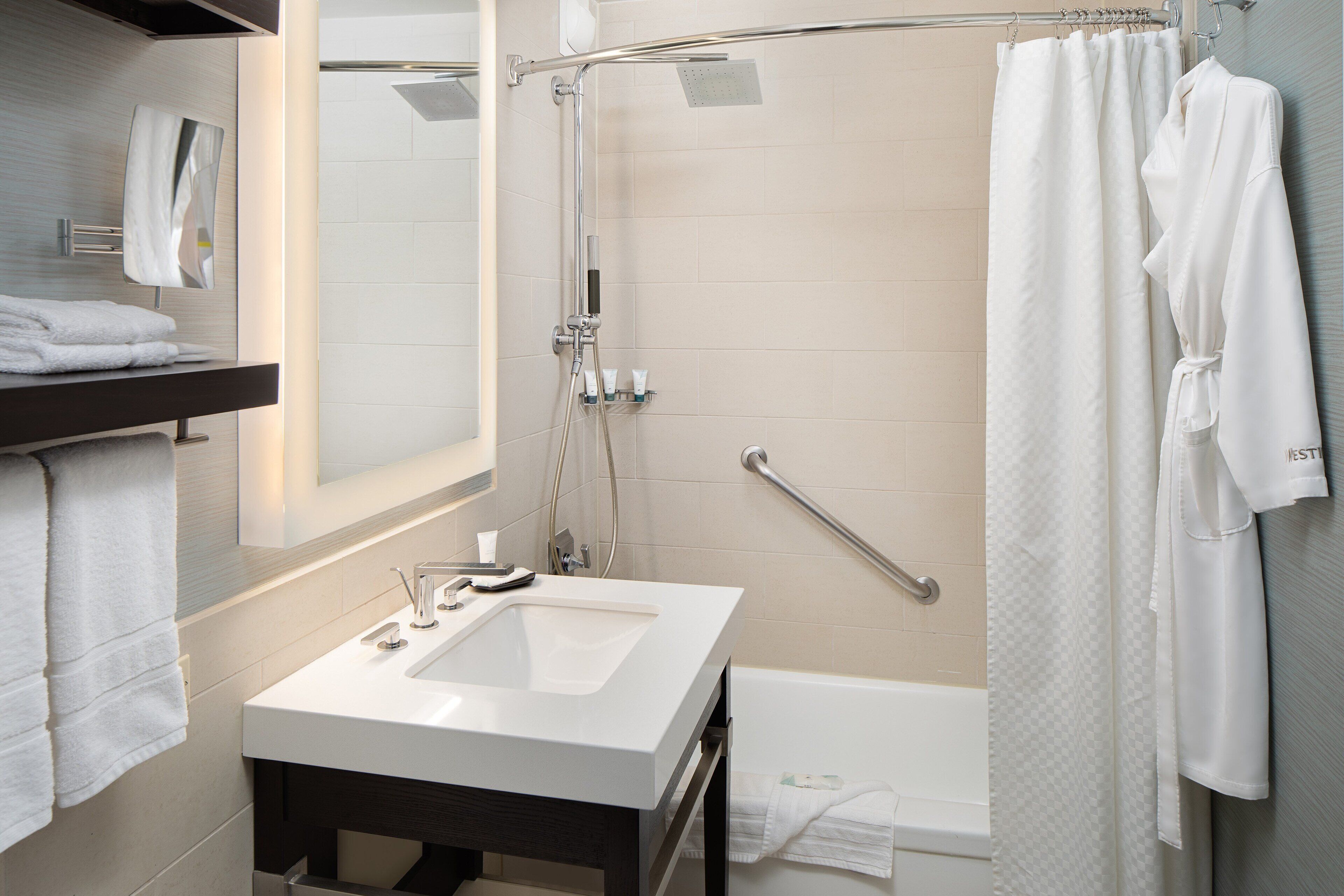 hair dryer, bathrobes, towels