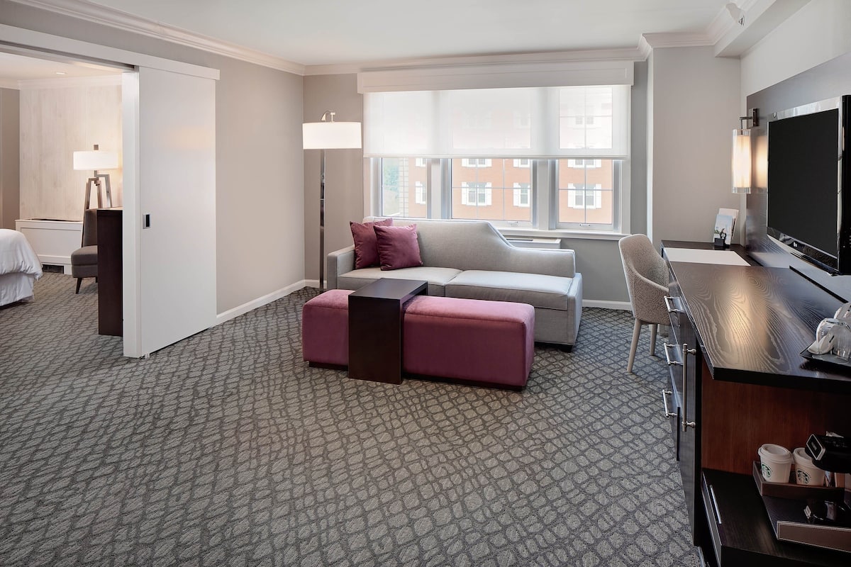 A hotel room with a grey patterned carpet, a grey sofa with pink cushions, a wooden desk with a flat-screen TV, and a large window with blinds.