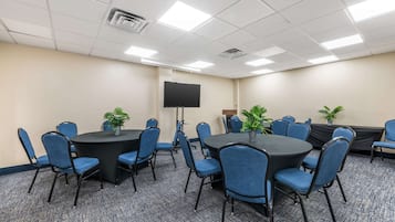 Un salón de conferencias con una gran mesa, sillas azules, una pantalla negra y plantas en macetas.