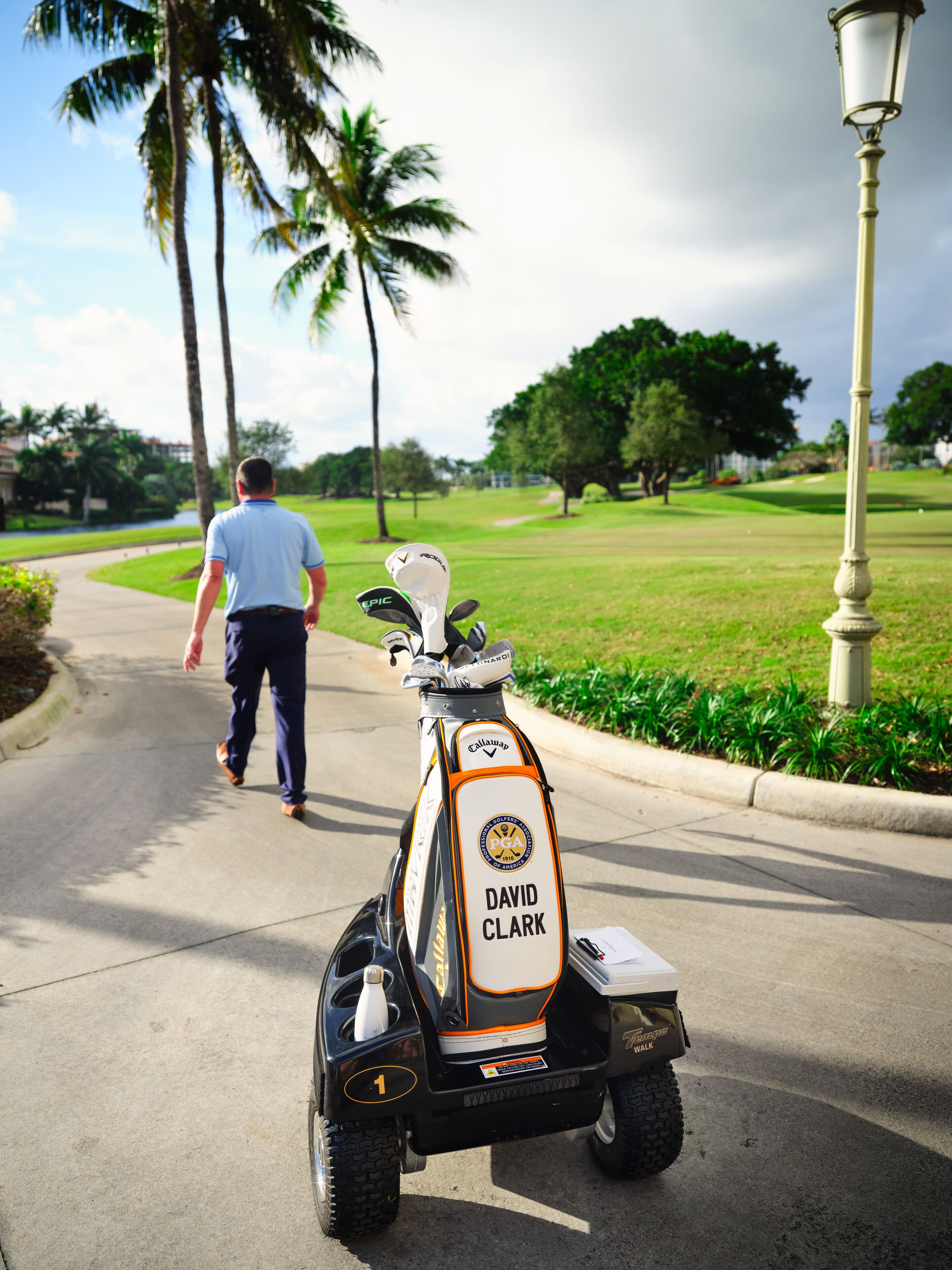 Um carrinho de golfe com a inscrição "DAVID CLARK" na parte traseira, estacionado em um caminho com palmeiras e um campo de golfe ao fundo.