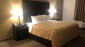 Habitación de hotel con una cama grande, dos mesitas de noche, una lámpara y un equipo de aire acondicionado instalado en la pared.