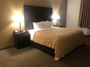 A hotel room with a large bed, two bedside tables, a nightstand, a lamp, and a wall-mounted air conditioning unit. - Quality Inn & Suites Paragould (Paragould)