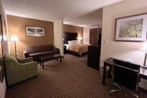 Una habitación de hotel con sofá, escritorio, cama y sillón.