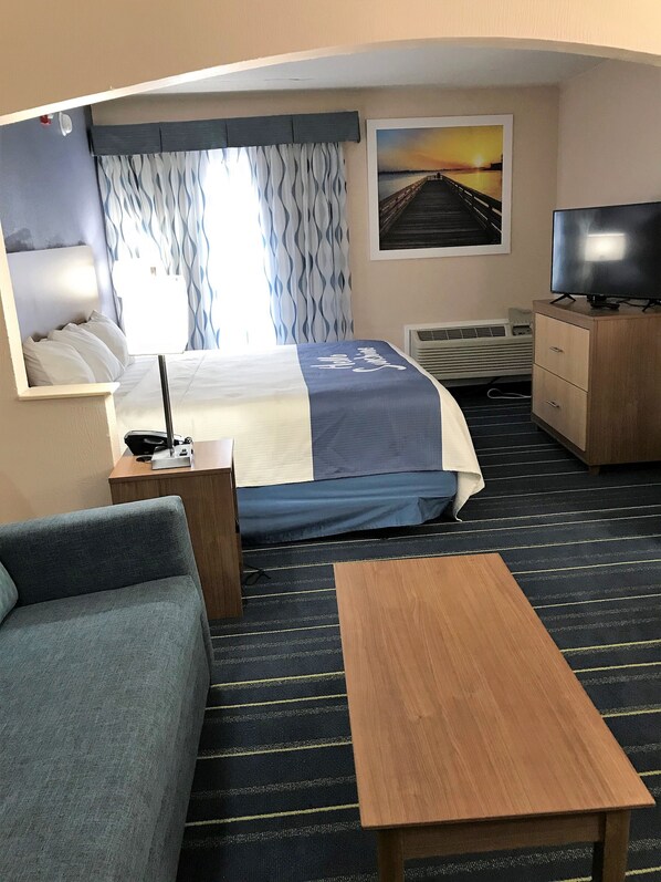 Habitación de hotel con cama, escritorio, televisión, sofá y piso alfombrado.
