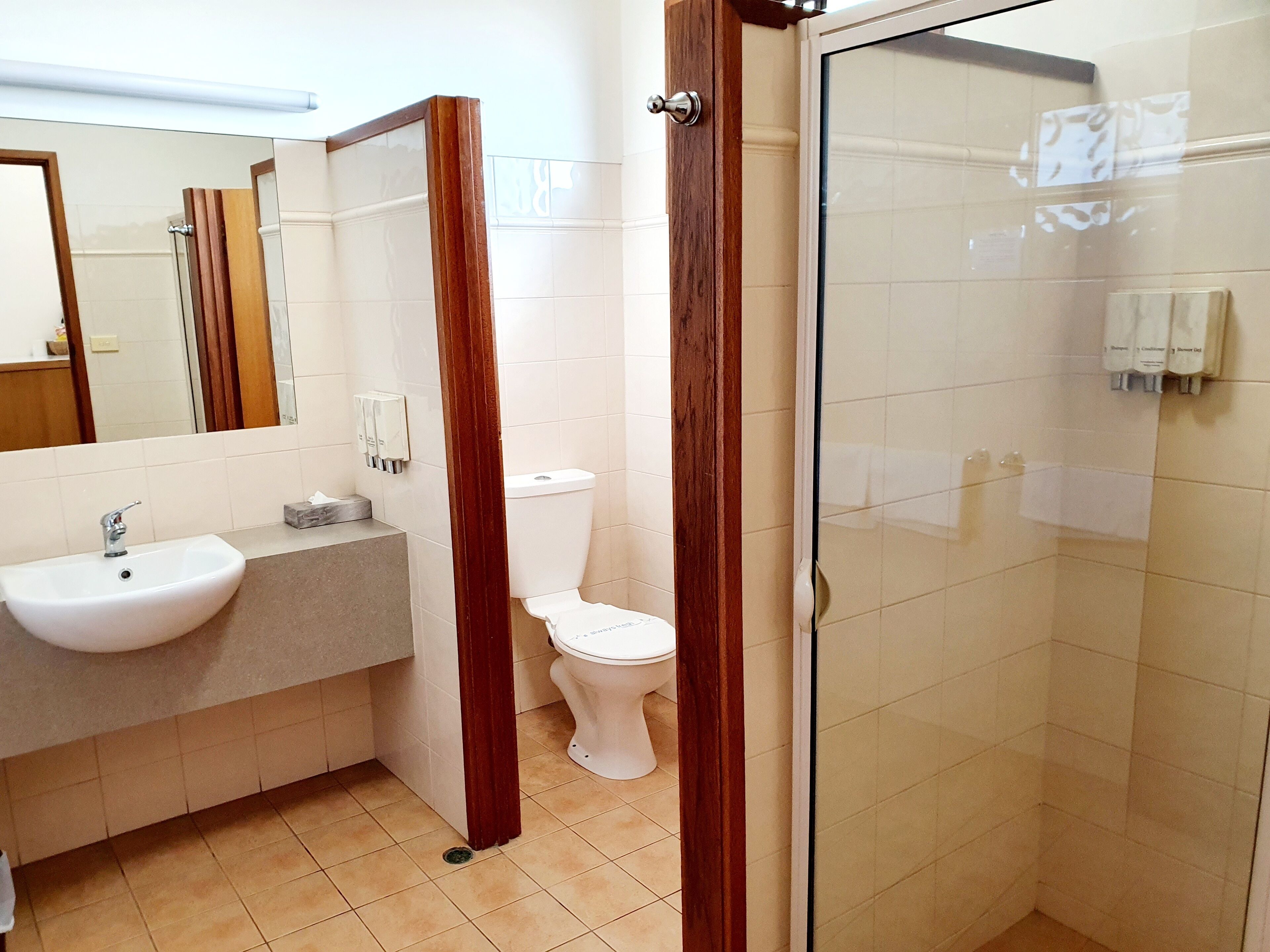 Een badkamer met een wastafel, toilet en douchecabine met glazen wanden.
