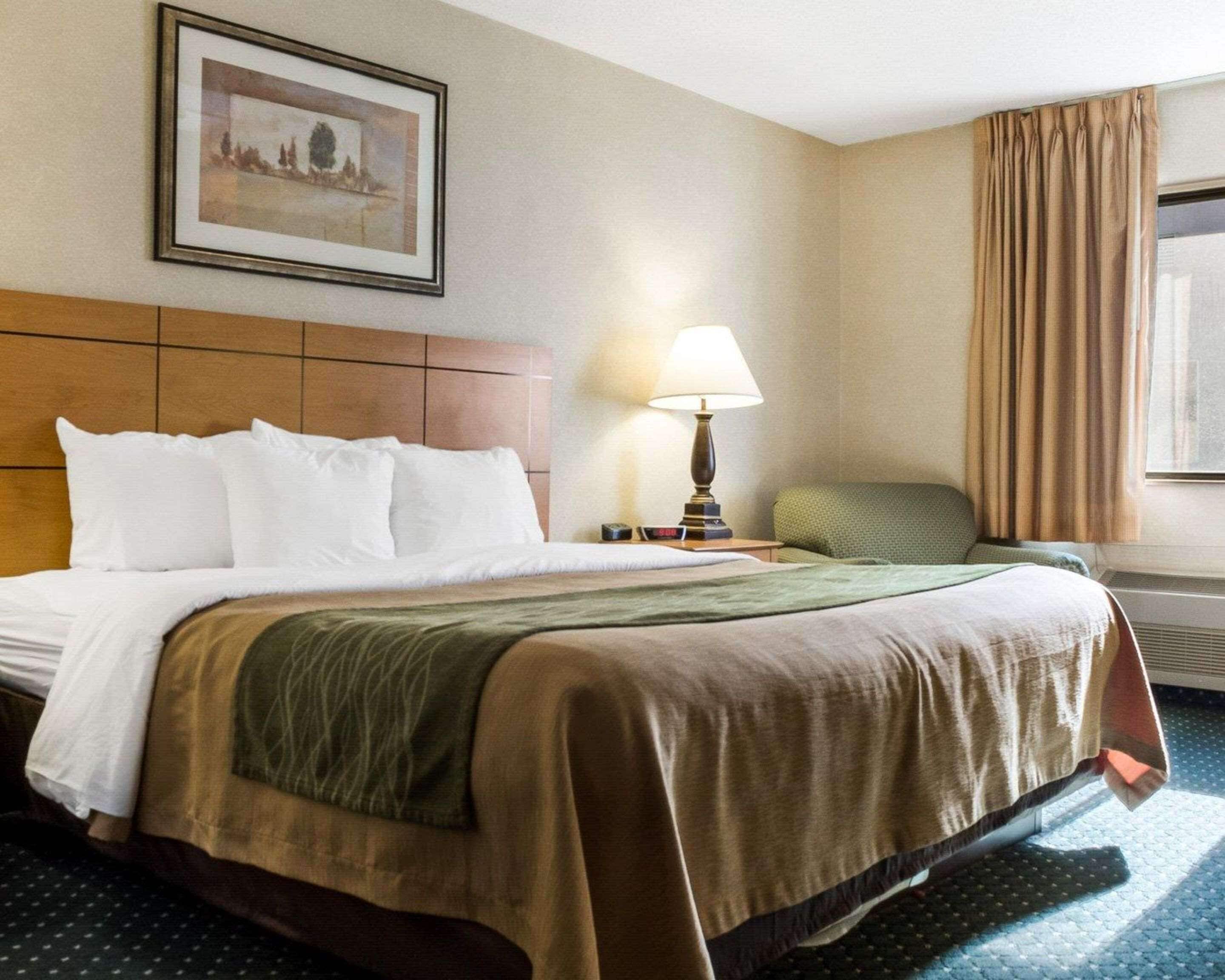 Habitación de hotel con una cama grande, una mesita de noche con lámpara, una silla verde, un cuadro en la pared y una ventana con cortinas.