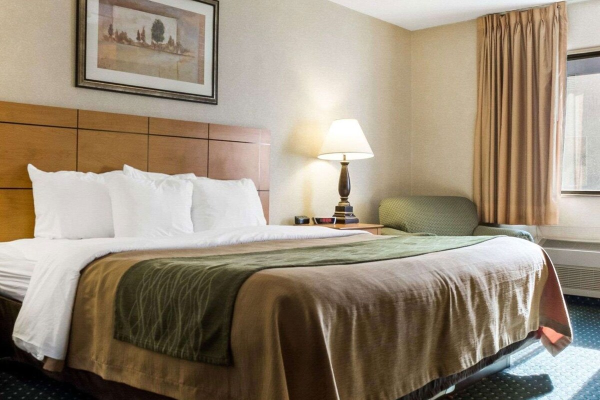 Una habitación de hotel con cama, mesita de noche, lámpara, silla, ventana con cortinas e imagen en un marco en la pared.