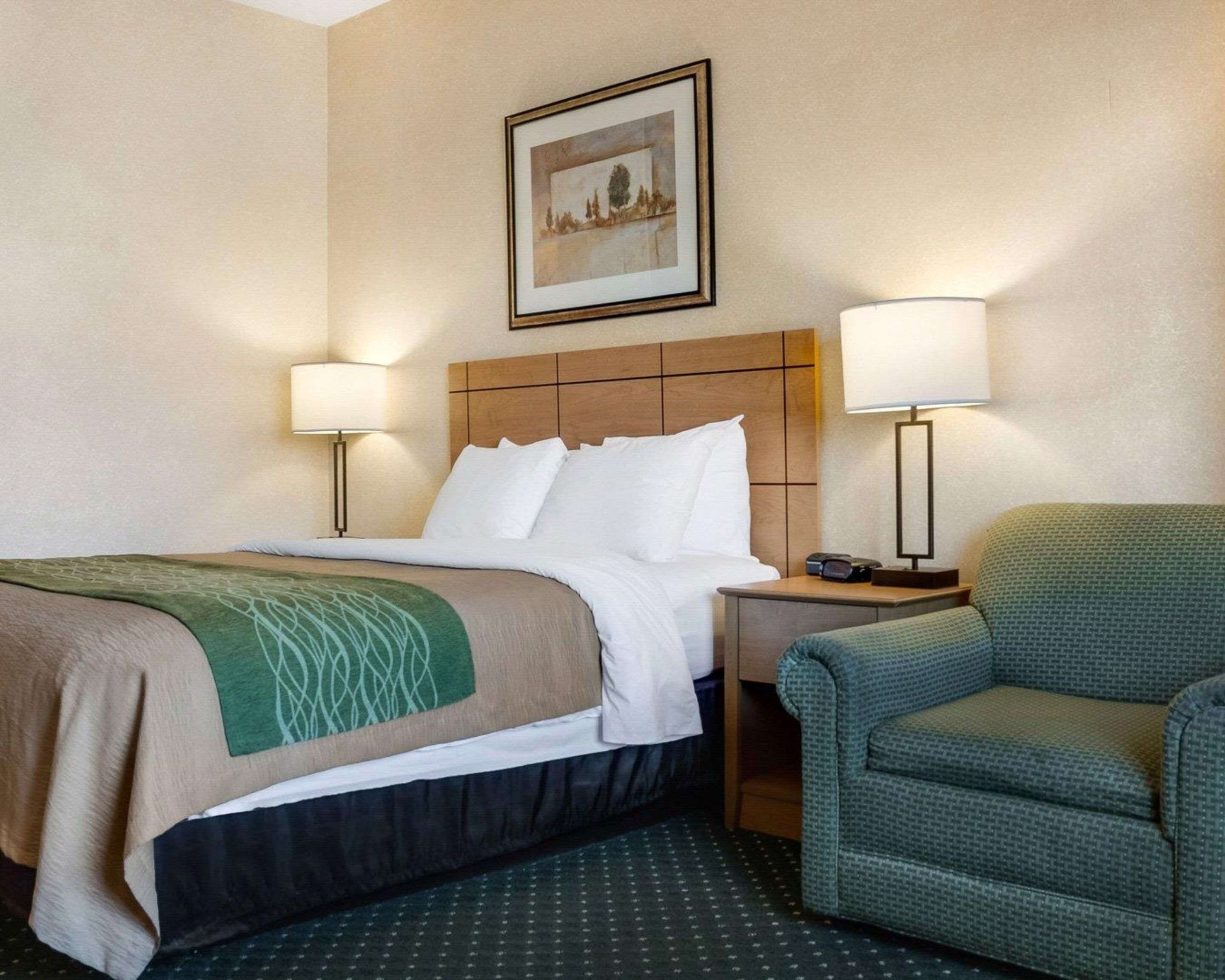 Habitación de hotel con una cama, dos lámparas de noche, una silla y un cuadro en la pared.
