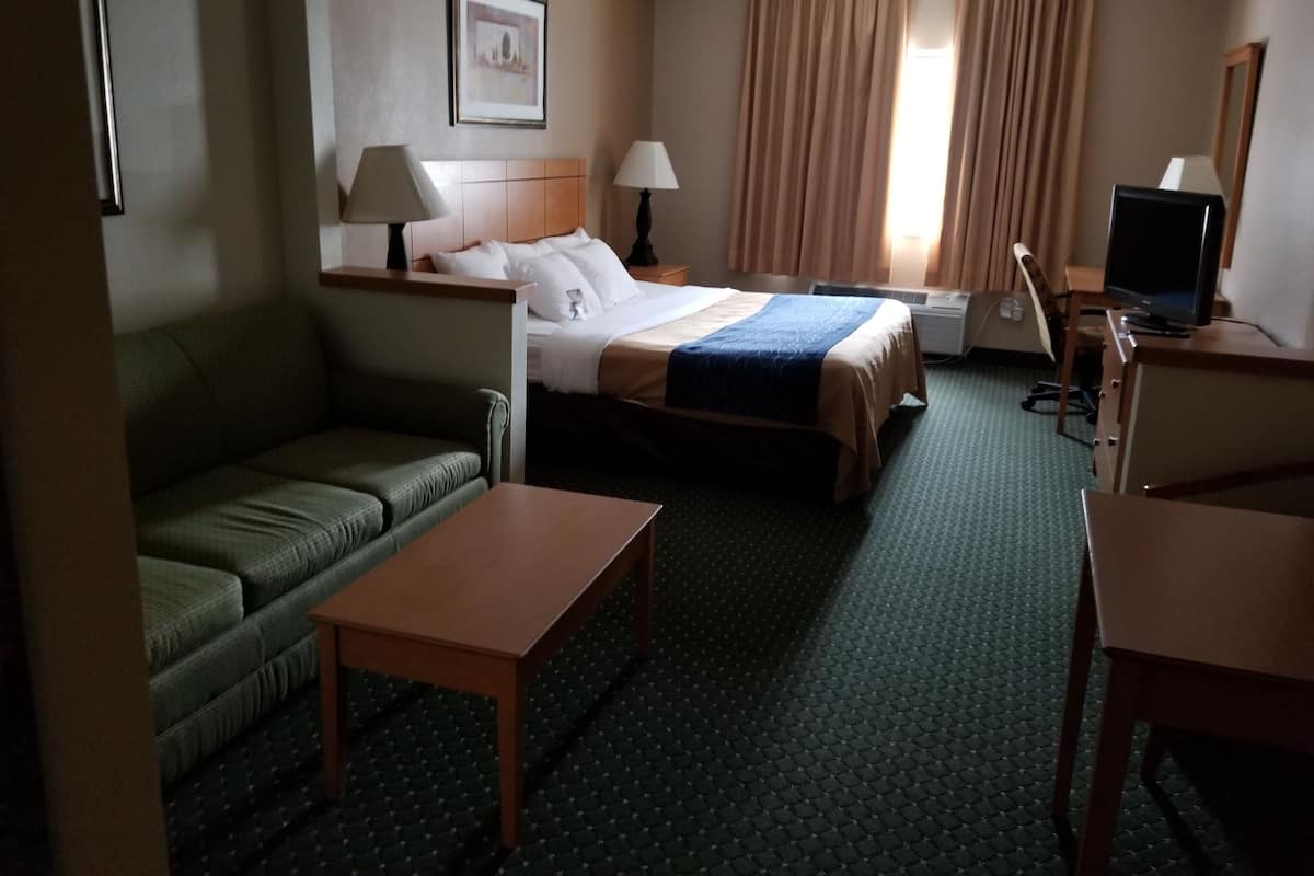 A hotel room with a bed, a desk, a chair, a sofa, and a TV.